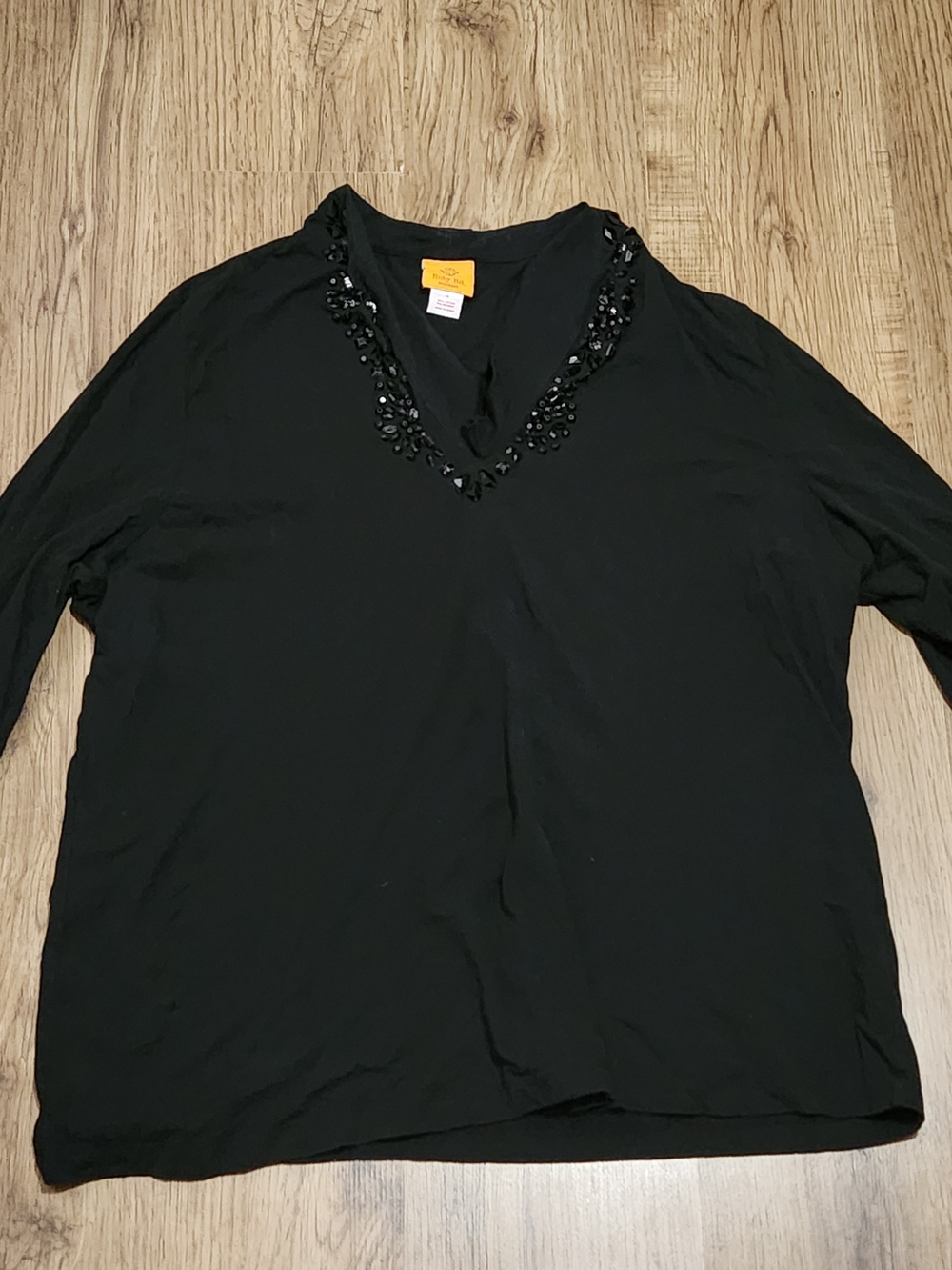 Ruby Rd. Black V-Neck Long Sleeve Top with Beaded Trim